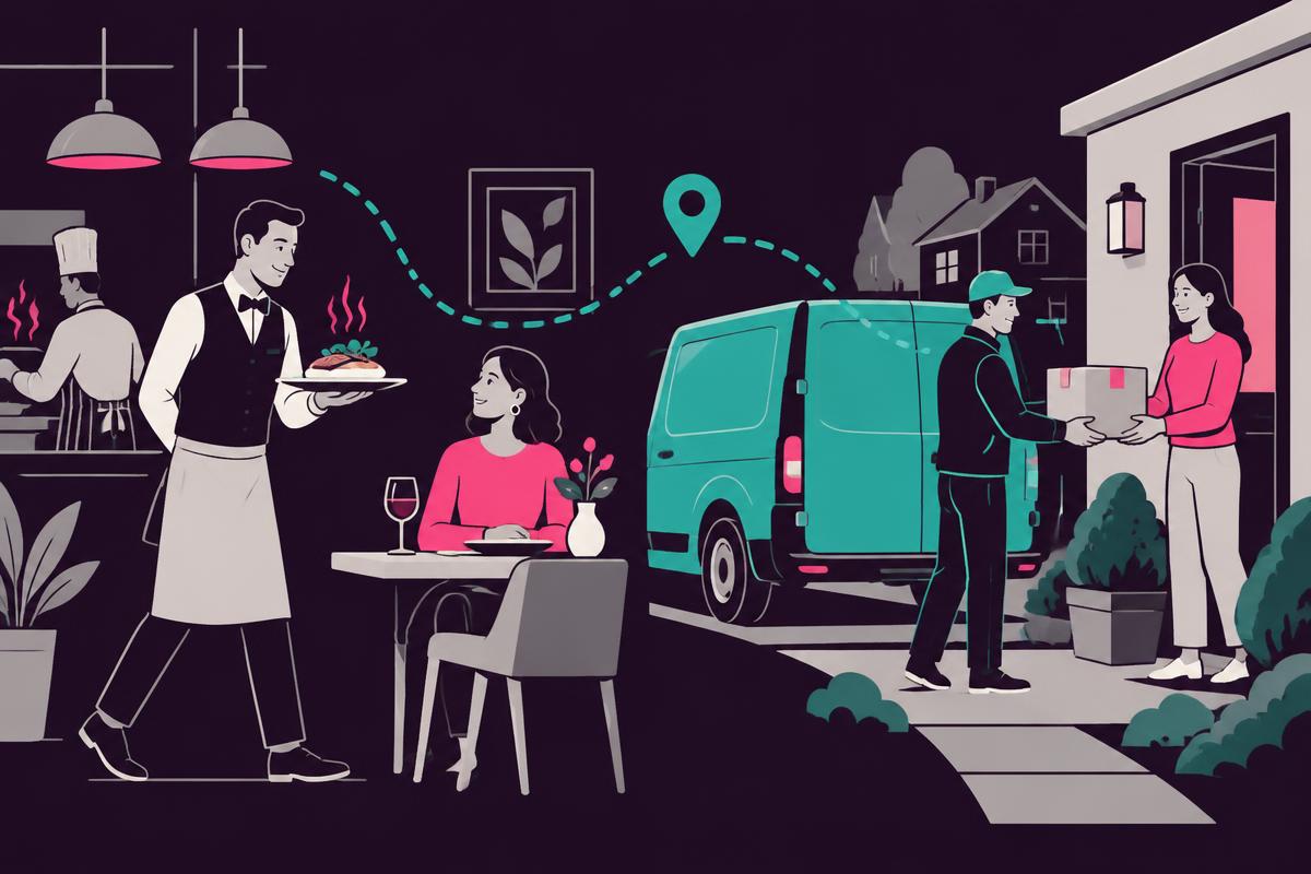A waiter serving a meal and a delivery driver handing over a parcel, connected as parts of the customer experience
